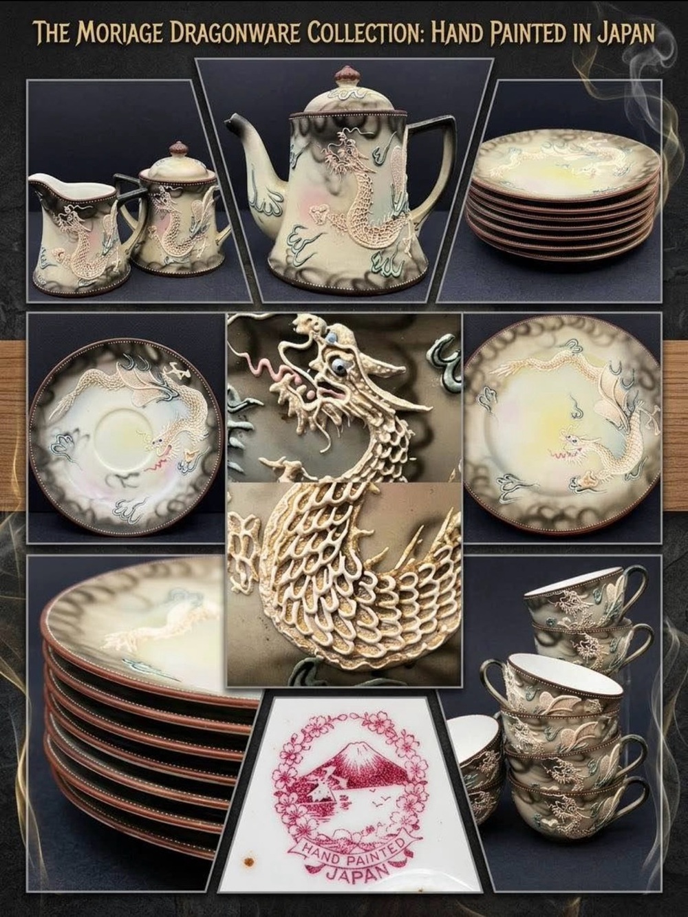 Vintage Moriage Dragonware Hand-Painted Japan Ceramic Tea Set - Cream and Gold
